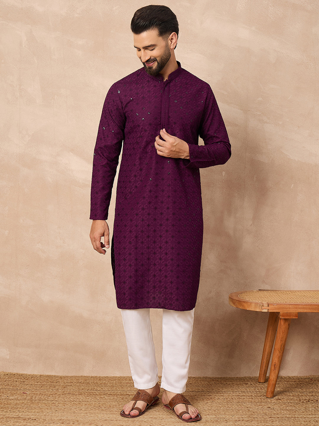 Ethnic Bay Men Purple Viscose Rayon Solid Embroidered Straight Kurta-MKU1211