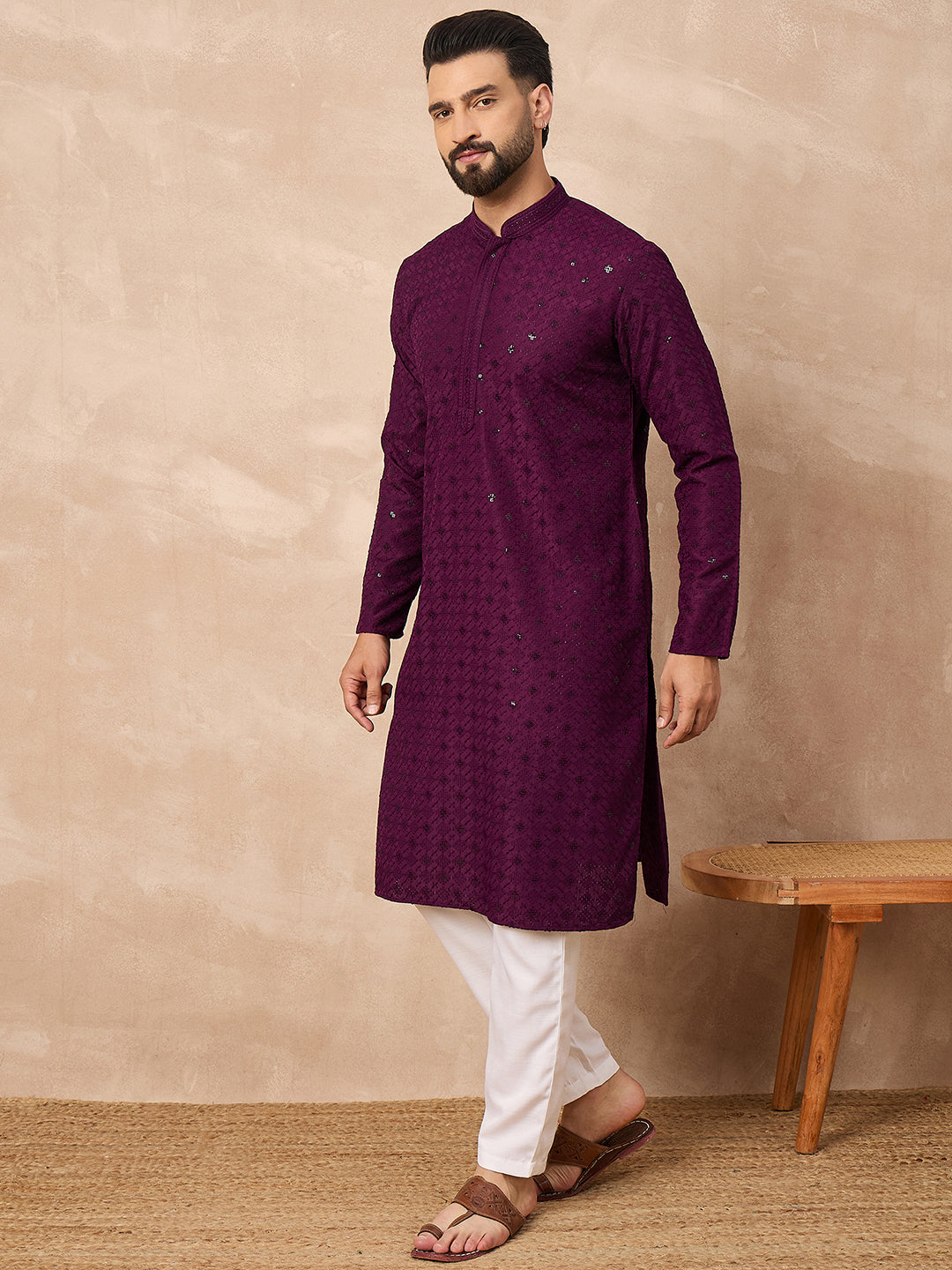 Ethnic Bay Men Purple Viscose Rayon Solid Embroidered Straight Kurta-MKU1211