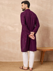 Ethnic Bay Men Purple Viscose Rayon Solid Embroidered Straight Kurta-MKU1211