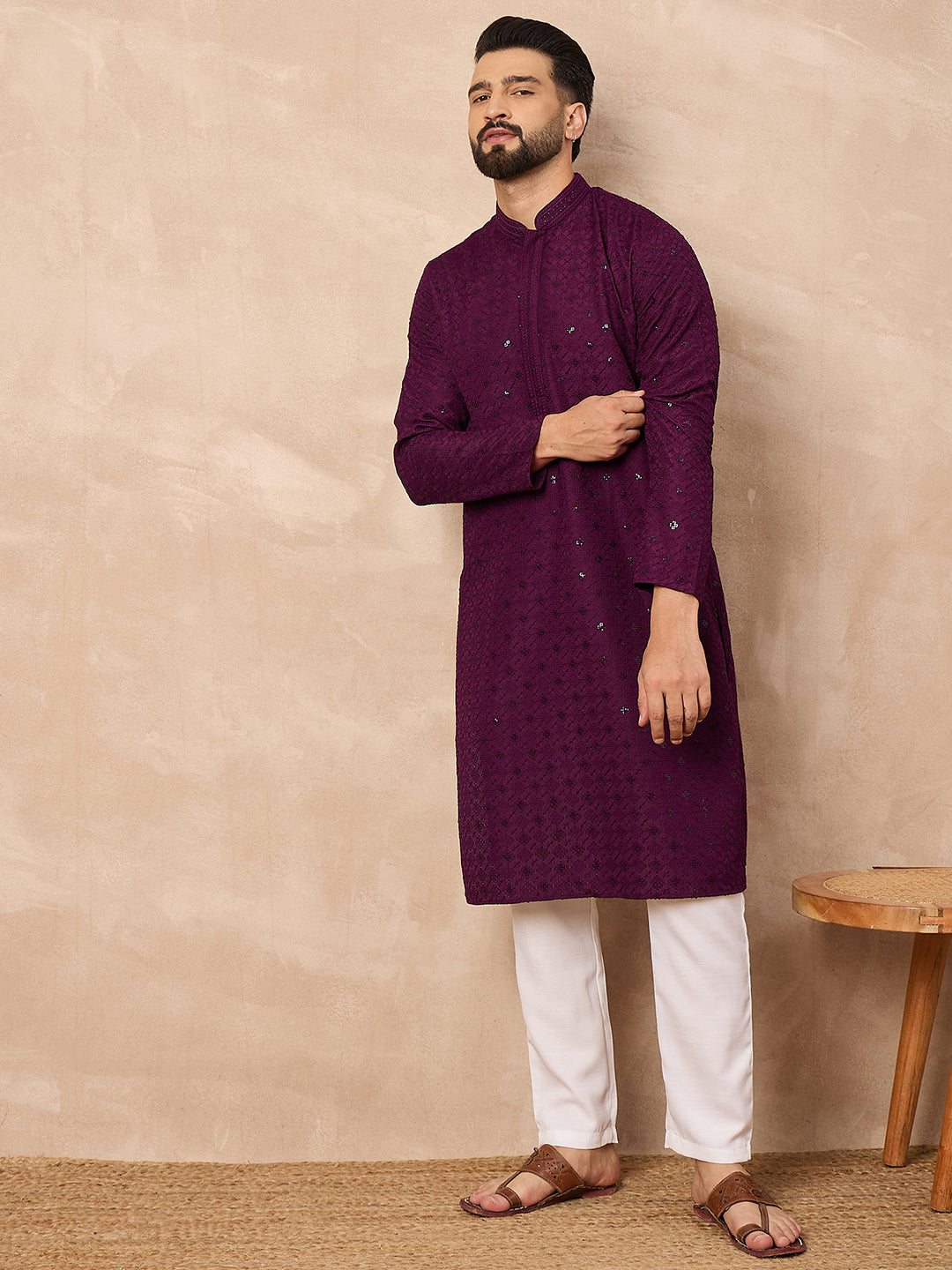 Ethnic Bay Men Purple Viscose Rayon Solid Embroidered Straight Kurta-MKU1211