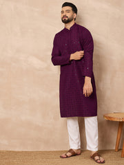 Ethnic Bay Men Purple Viscose Rayon Solid Embroidered Straight Kurta-MKU1211