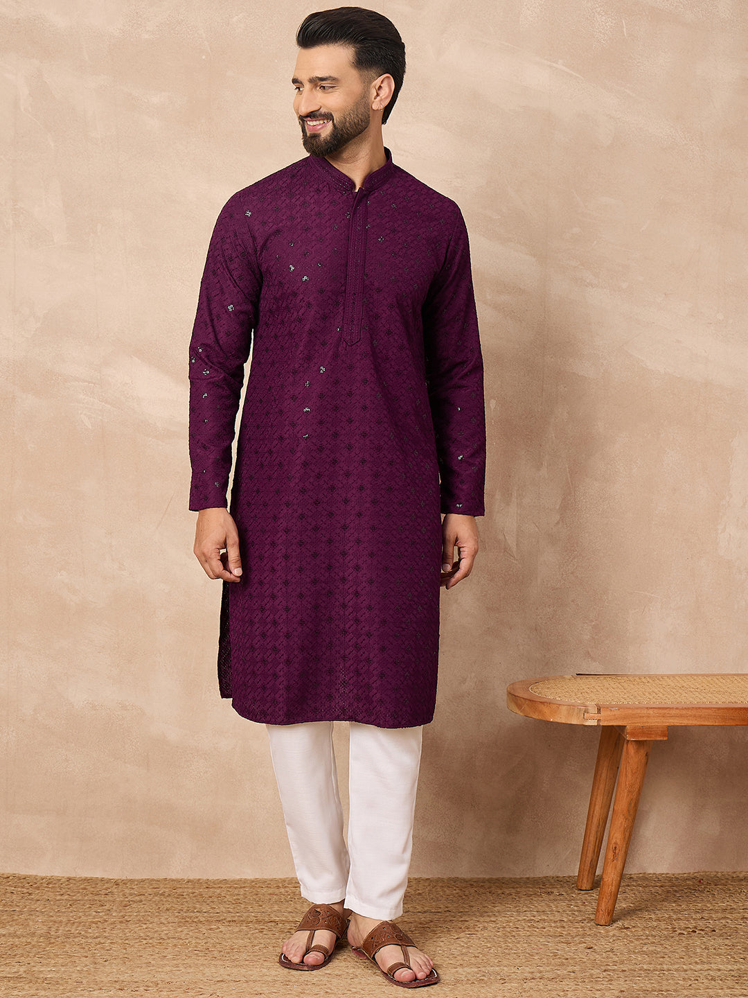 Ethnic Bay Men Purple Viscose Rayon Solid Embroidered Straight Kurta-MKU1211
