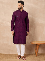 Ethnic Bay Men Purple Viscose Rayon Solid Embroidered Straight Kurta-MKU1211