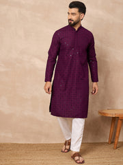 Ethnic Bay Men Purple Viscose Rayon Solid Embroidered Straight Kurta-MKU1211
