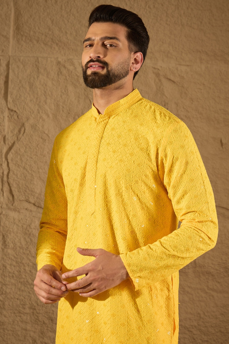 Yellow Viscose Rayon Solid Embroidered Straight Kurta HOPMKU1212 | Des