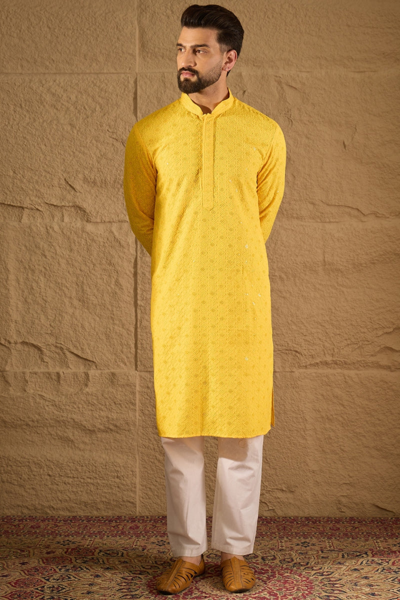 Yellow Viscose Rayon Solid Embroidered Straight Kurta HOPMKU1212 | Des