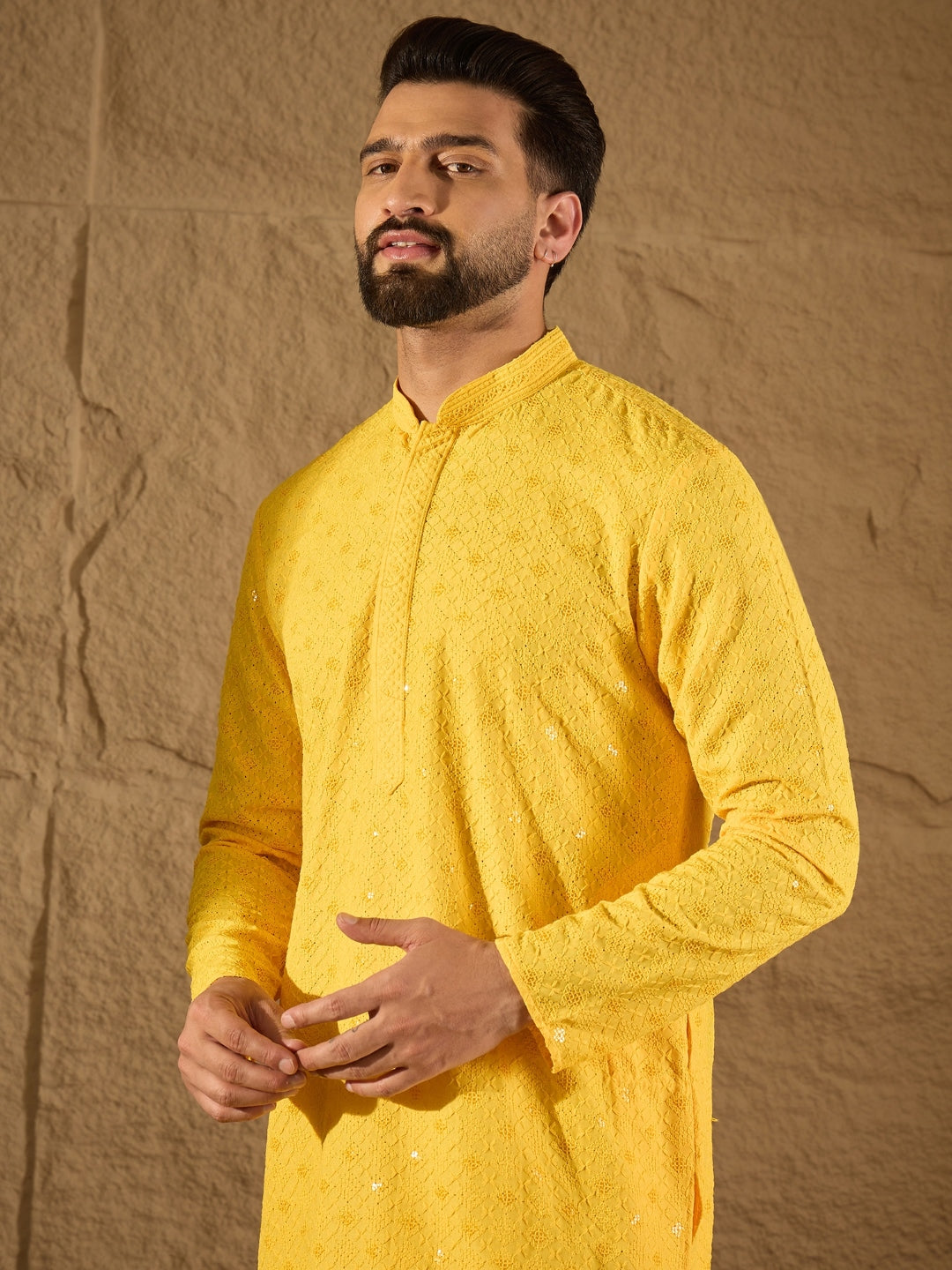 Ethnic Bay Men Yellow Viscose Rayon Solid Embroidered Straight Kurta-MKU1212