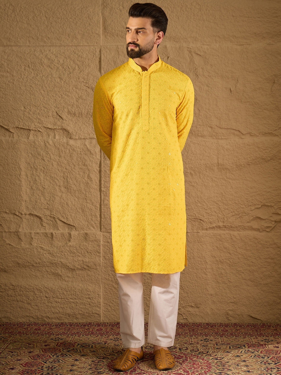 Ethnic Bay Men Yellow Viscose Rayon Solid Embroidered Straight Kurta-MKU1212