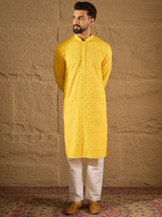 Ethnic Bay Men Yellow Viscose Rayon Solid Embroidered Straight Kurta-MKU1212