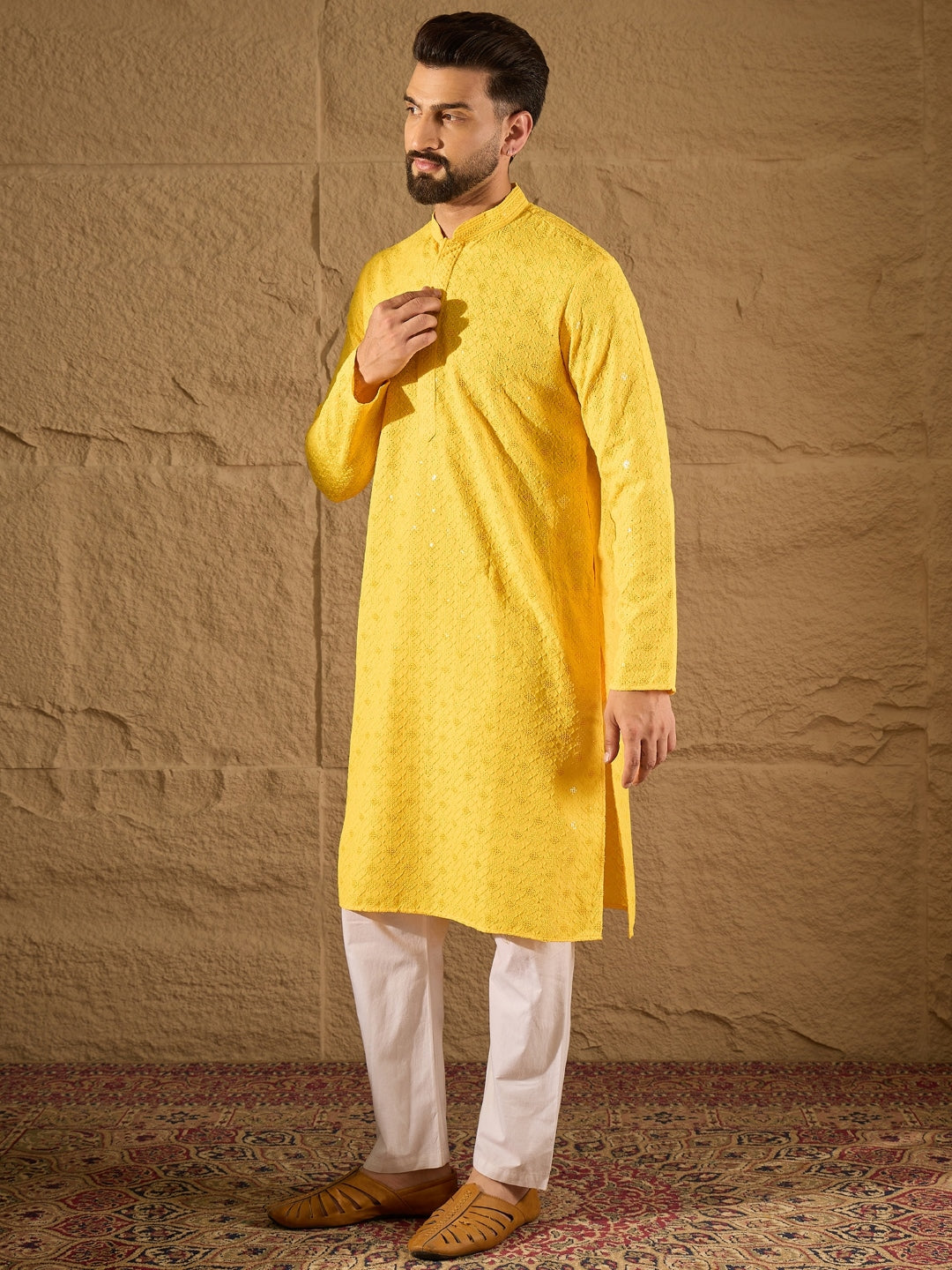 Ethnic Bay Men Yellow Viscose Rayon Solid Embroidered Straight Kurta-MKU1212