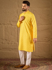 Ethnic Bay Men Yellow Viscose Rayon Solid Embroidered Straight Kurta-MKU1212