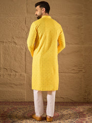 Ethnic Bay Men Yellow Viscose Rayon Solid Embroidered Straight Kurta-MKU1212