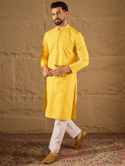 Ethnic Bay Men Yellow Viscose Rayon Solid Embroidered Straight Kurta-MKU1212