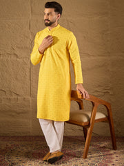 Ethnic Bay Men Yellow Viscose Rayon Solid Embroidered Straight Kurta-MKU1212