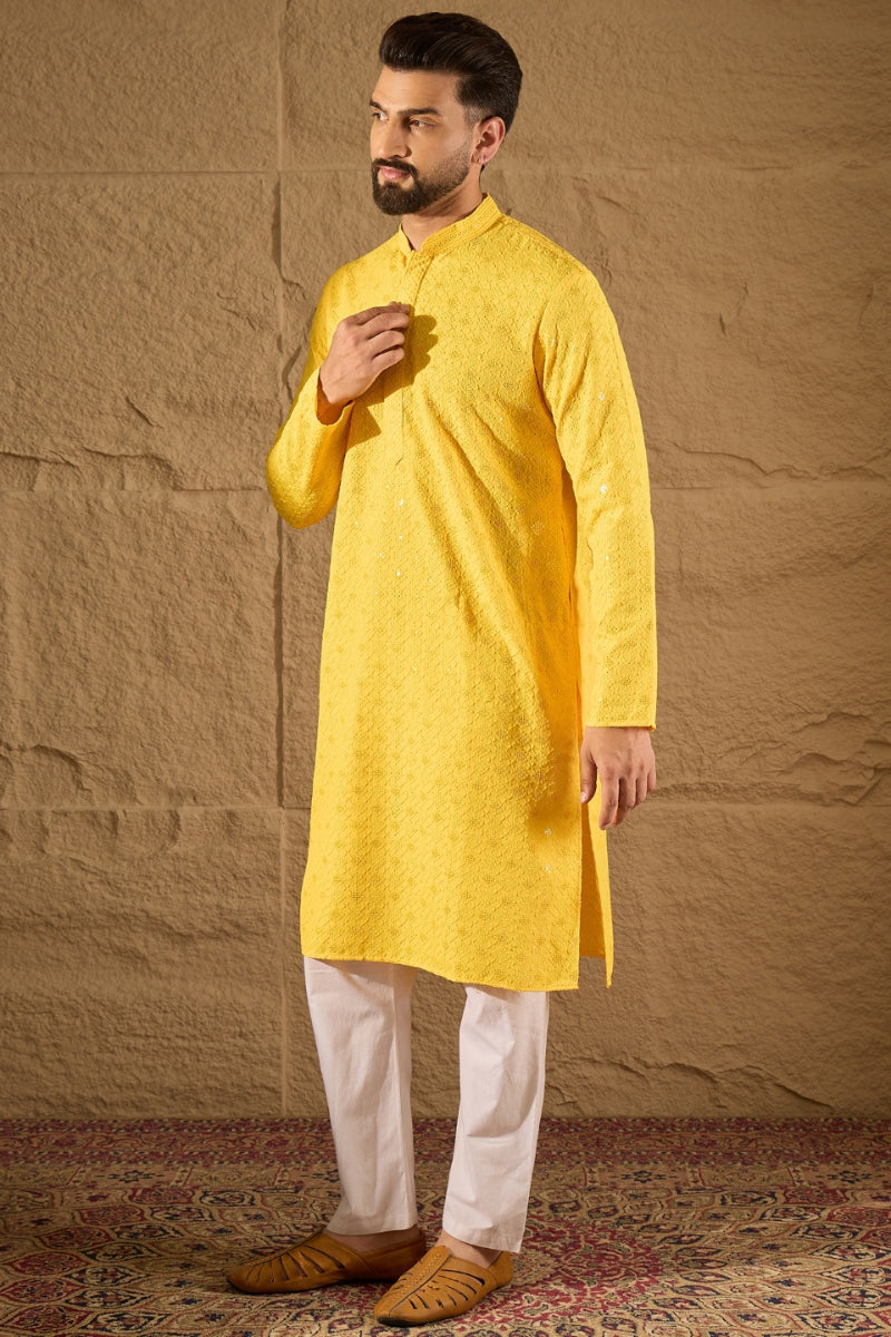 Yellow Viscose Rayon Solid Embroidered Straight Kurta HOPMKU1212 | Des