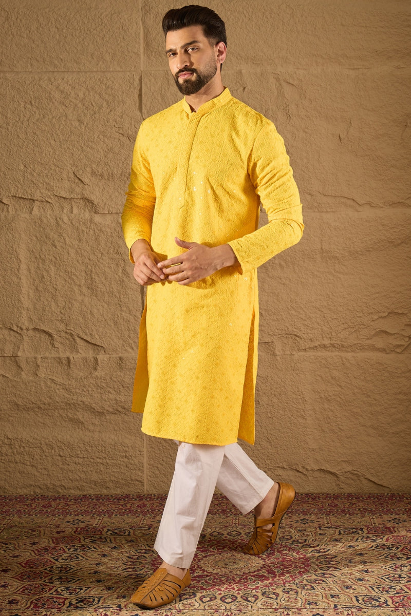 Yellow Viscose Rayon Solid Embroidered Straight Kurta HOPMKU1212 | Des