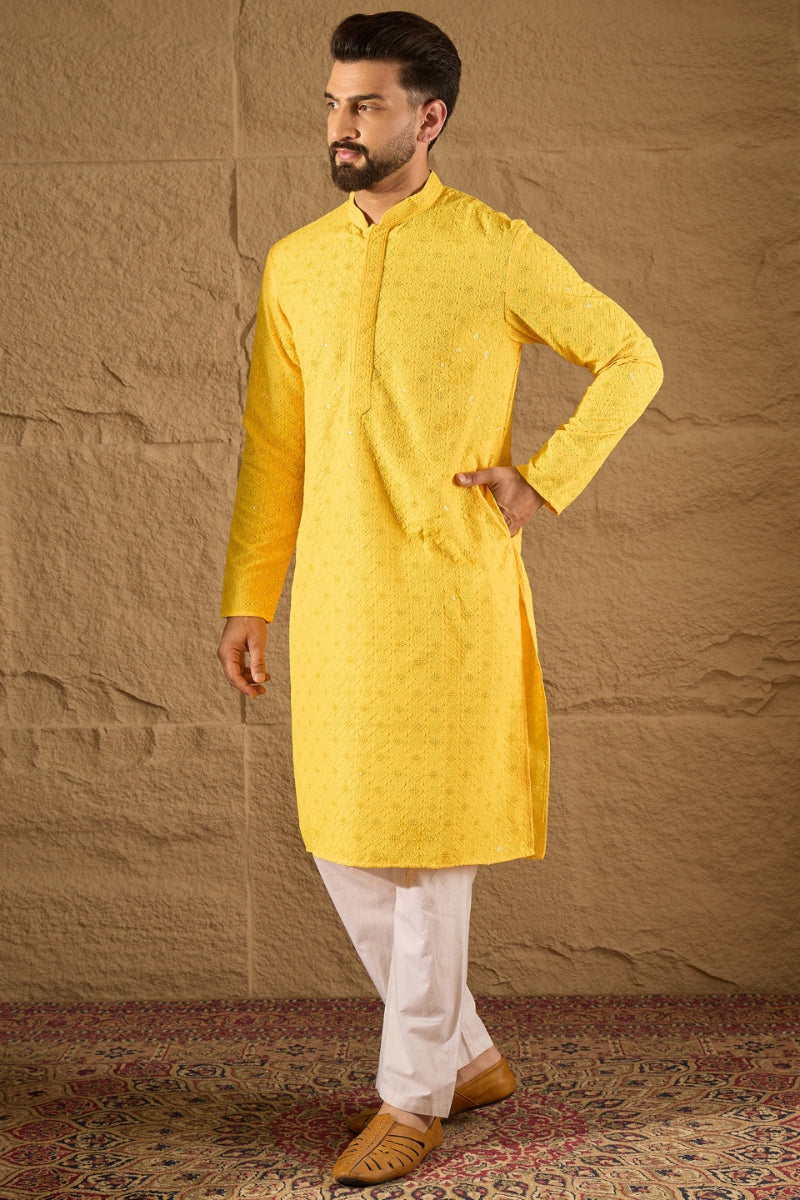 Yellow Viscose Rayon Solid Embroidered Straight Kurta HOPMKU1212 | Des