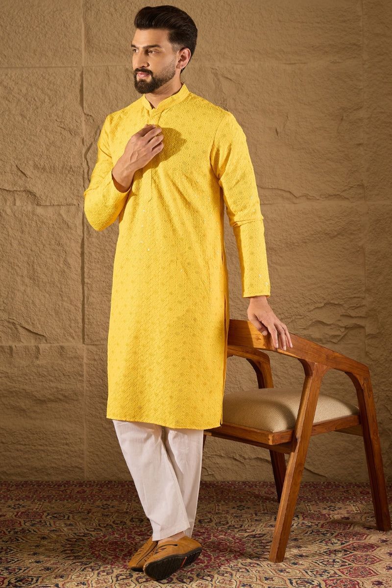 Yellow Viscose Rayon Solid Embroidered Straight Kurta HOPMKU1212 | Des