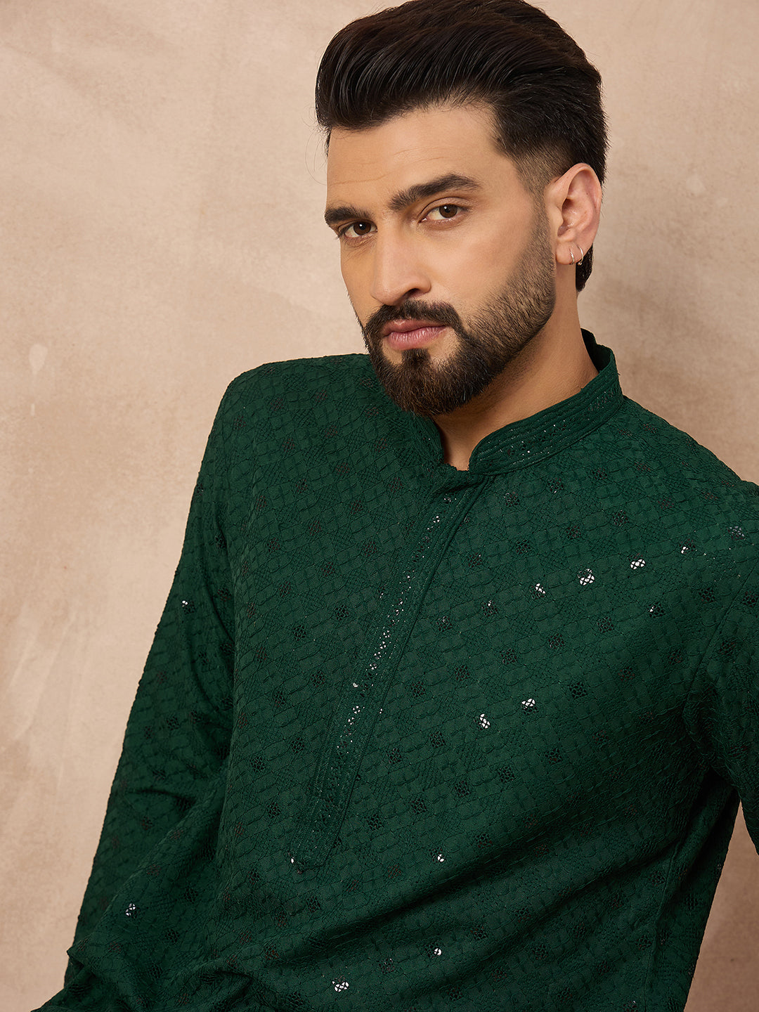 Ethnic Bay Men Green Viscose Rayon Solid Embroidered Straight Kurta-MKU1215