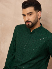 Ethnic Bay Men Green Viscose Rayon Solid Embroidered Straight Kurta-MKU1215