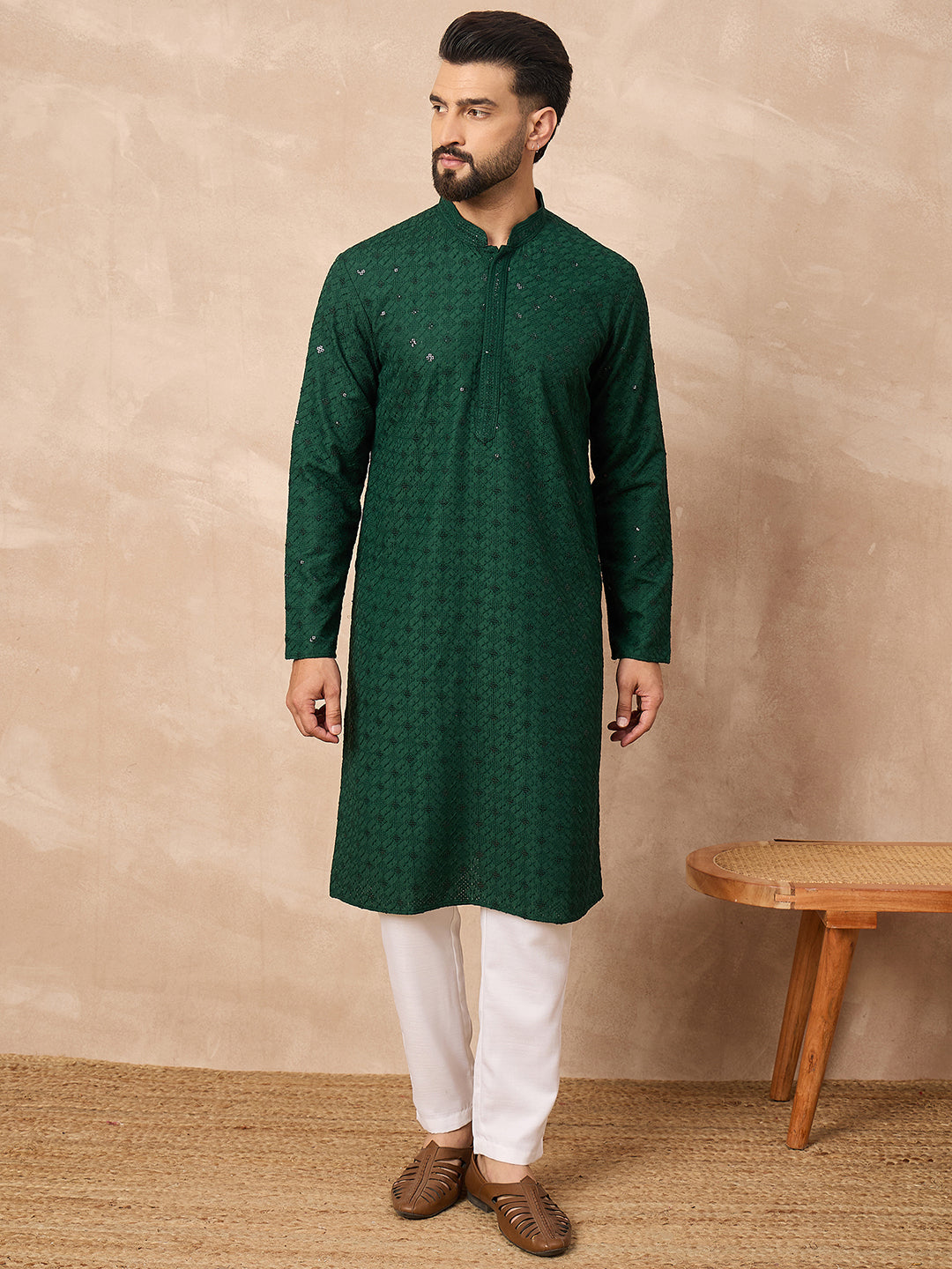 Ethnic Bay Men Green Viscose Rayon Solid Embroidered Straight Kurta-MKU1215