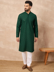 Ethnic Bay Men Green Viscose Rayon Solid Embroidered Straight Kurta-MKU1215