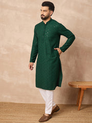 Ethnic Bay Men Green Viscose Rayon Solid Embroidered Straight Kurta-MKU1215