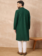Ethnic Bay Men Green Viscose Rayon Solid Embroidered Straight Kurta-MKU1215