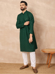 Ethnic Bay Men Green Viscose Rayon Solid Embroidered Straight Kurta-MKU1215