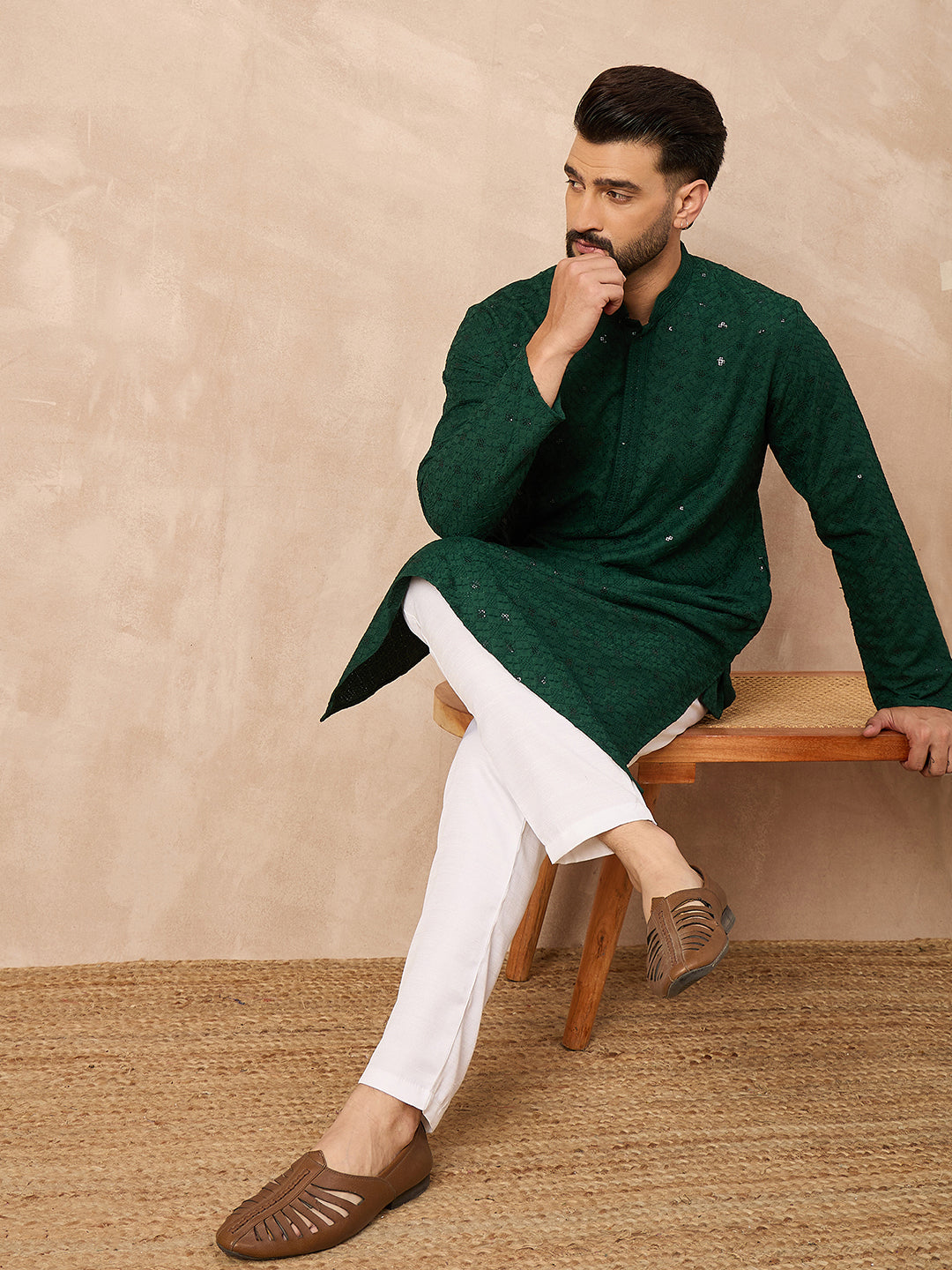 Ethnic Bay Men Green Viscose Rayon Solid Embroidered Straight Kurta-MKU1215