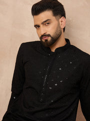 Ethnic Bay Men Black Viscose Rayon Solid Embroidered Straight Kurta-MKU1216