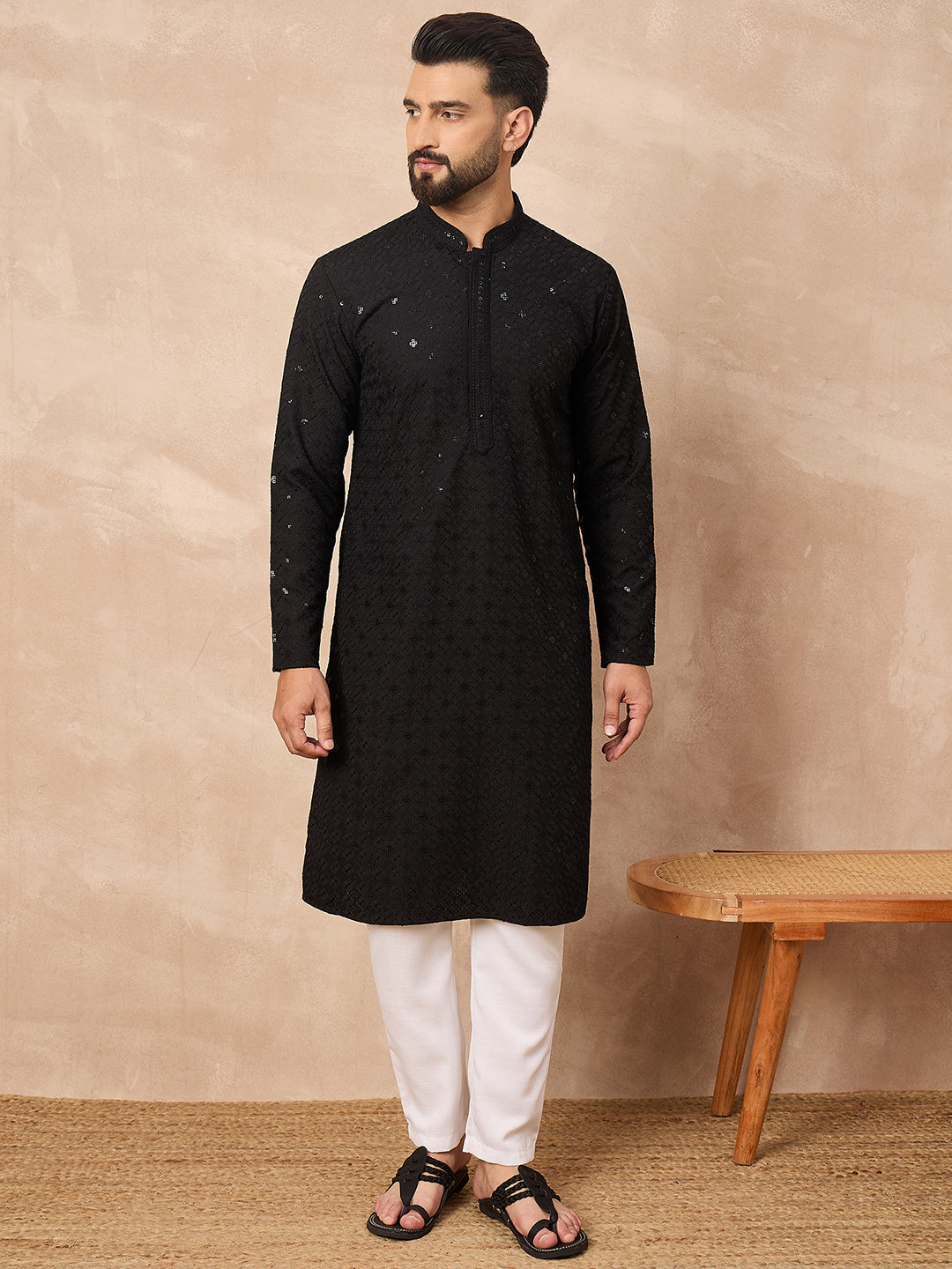 Ethnic Bay Men Black Viscose Rayon Solid Embroidered Straight Kurta-MKU1216