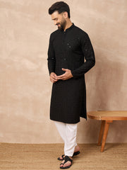 Ethnic Bay Men Black Viscose Rayon Solid Embroidered Straight Kurta-MKU1216