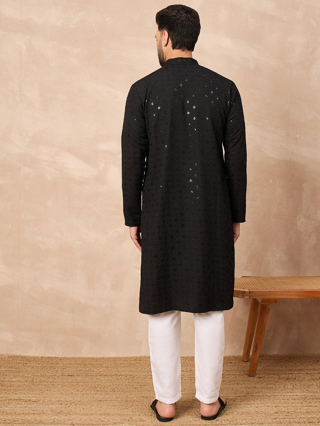 Ethnic Bay Men Black Viscose Rayon Solid Embroidered Straight Kurta-MKU1216
