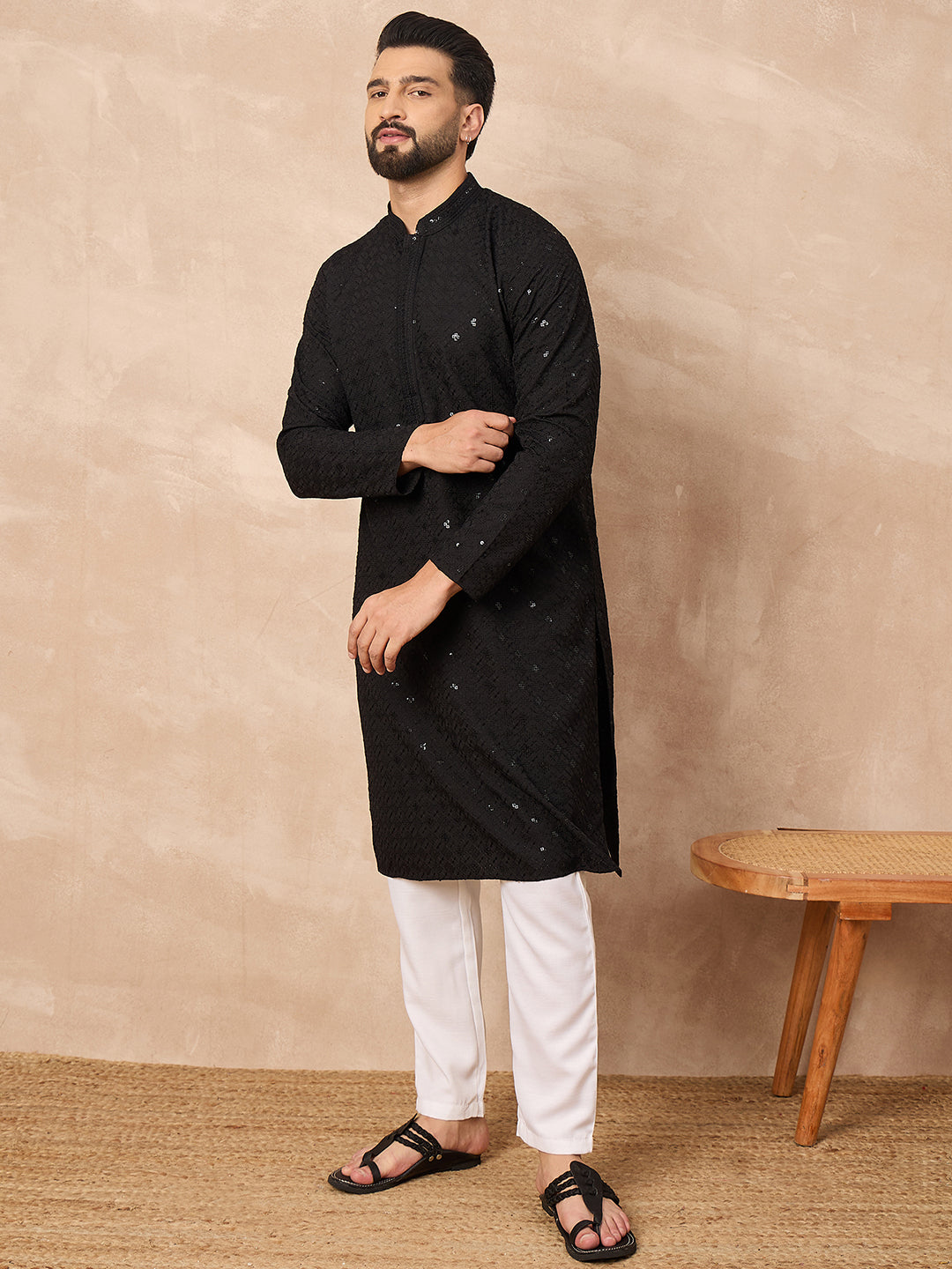 Ethnic Bay Men Black Viscose Rayon Solid Embroidered Straight Kurta-MKU1216