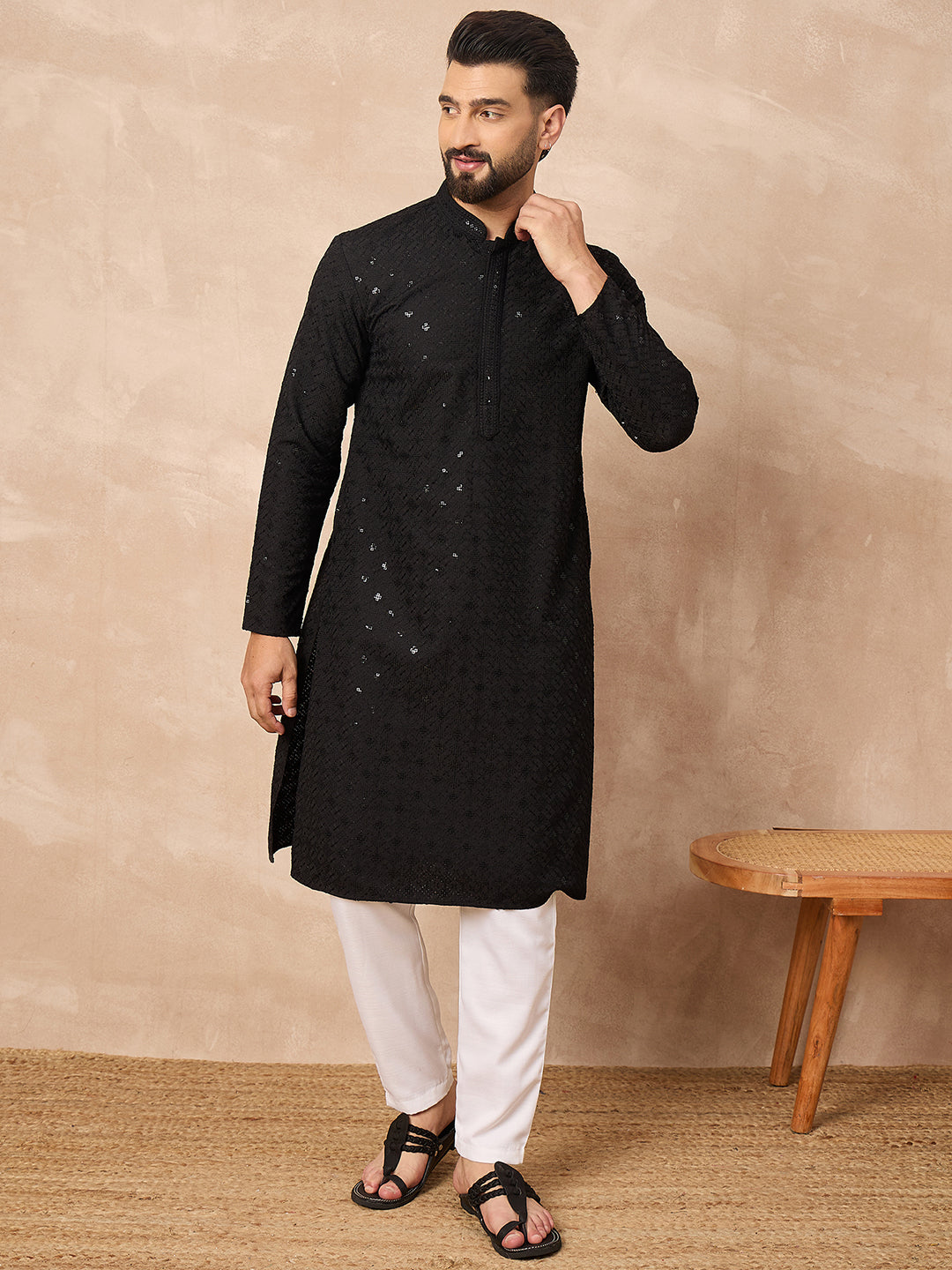 Ethnic Bay Men Black Viscose Rayon Solid Embroidered Straight Kurta-MKU1216