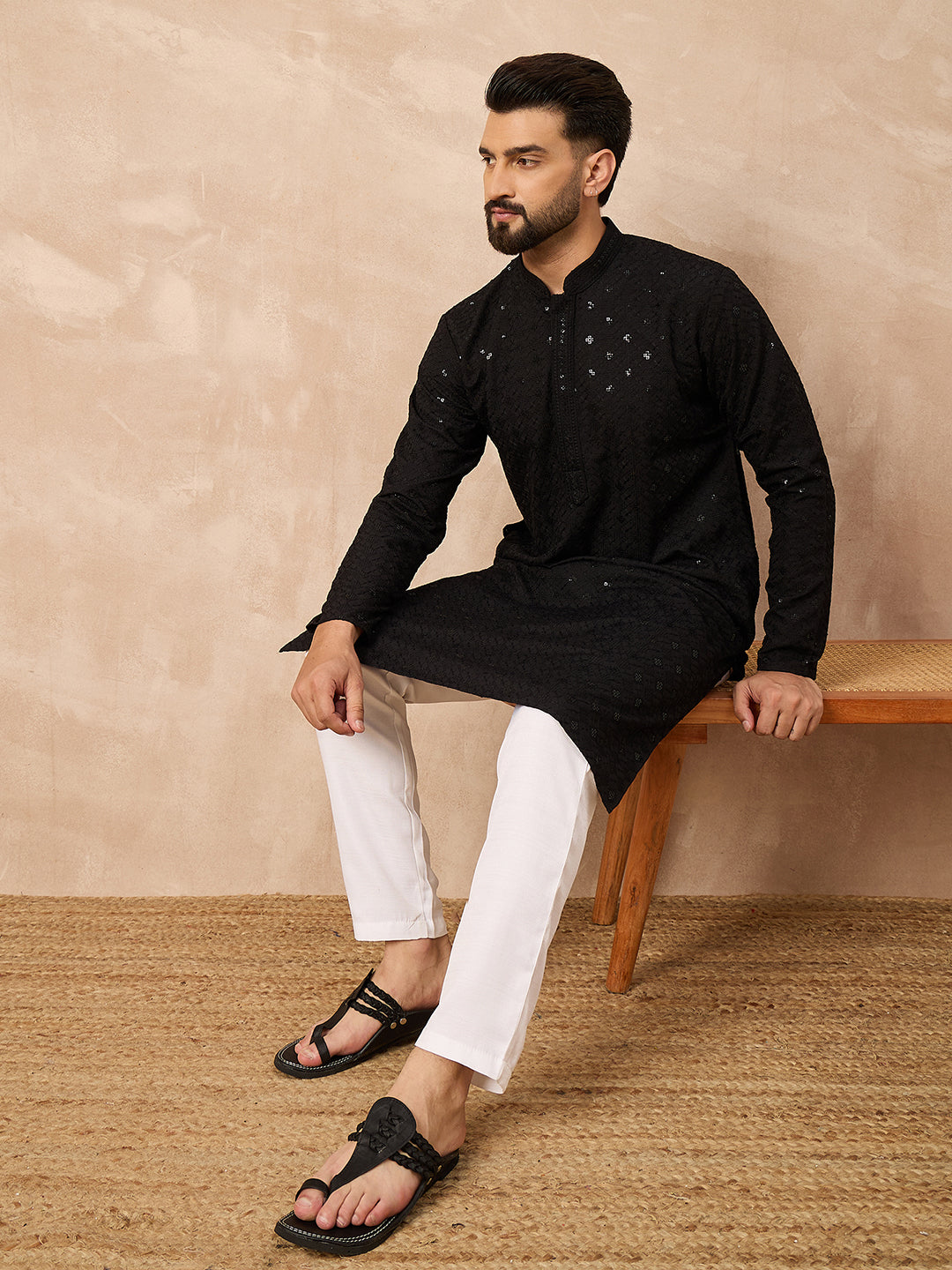 Ethnic Bay Men Black Viscose Rayon Solid Embroidered Straight Kurta-MKU1216