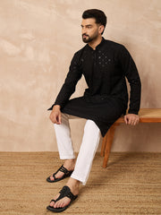 Ethnic Bay Men Black Viscose Rayon Solid Embroidered Straight Kurta-MKU1216