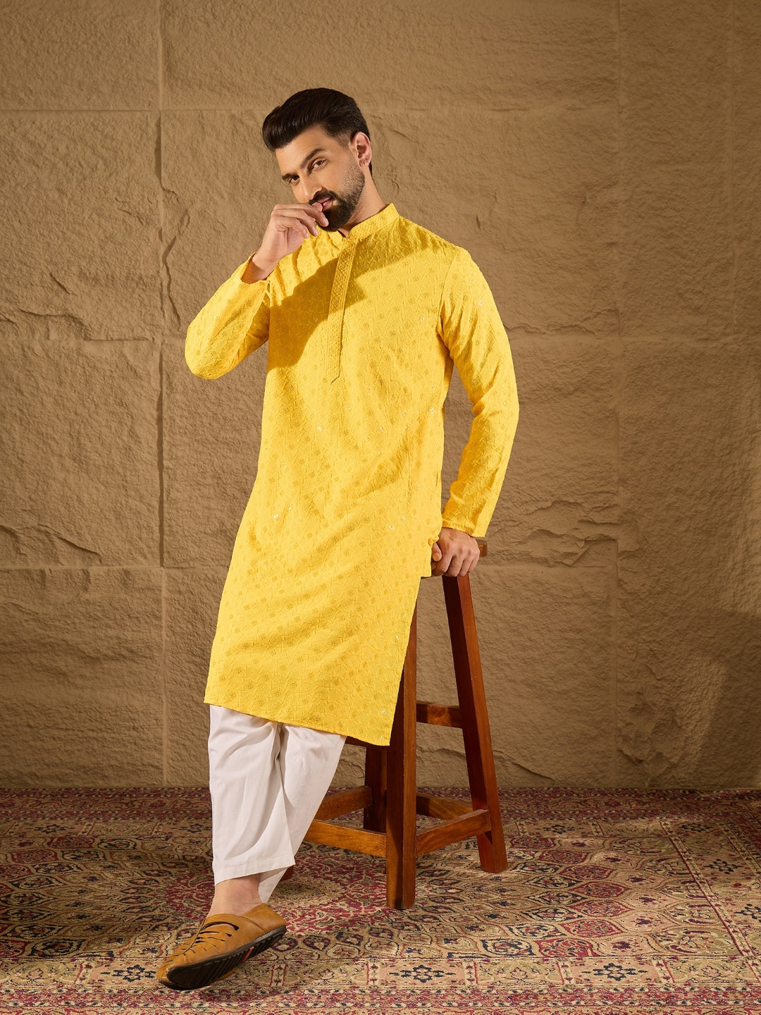 Ethnic Bay Men Yellow Viscose Rayon Solid Embroidered Straight Kurta-MKU1222