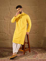 Ethnic Bay Men Yellow Viscose Rayon Solid Embroidered Straight Kurta-MKU1222