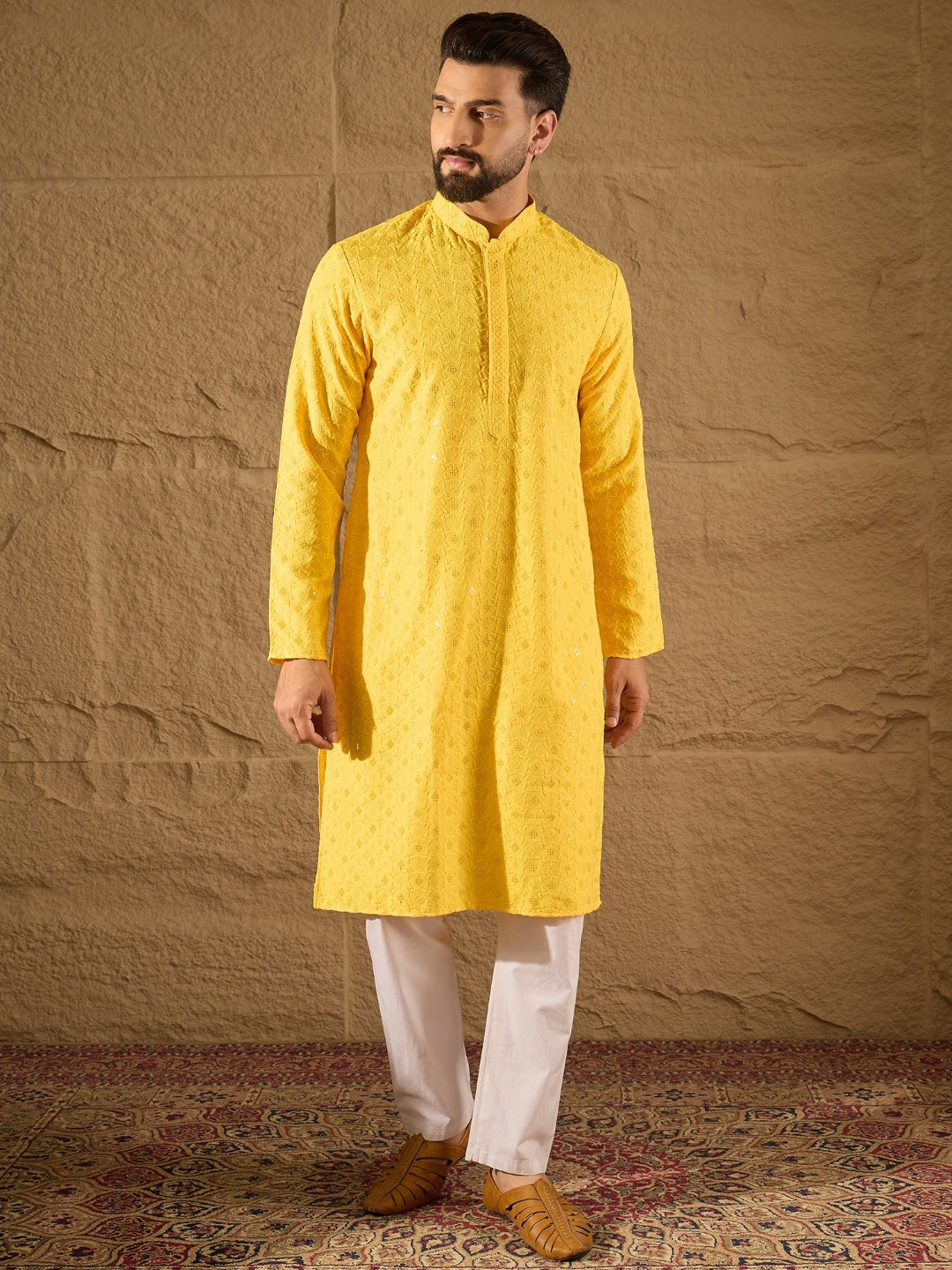 Ethnic Bay Men Yellow Viscose Rayon Solid Embroidered Straight Kurta-MKU1222