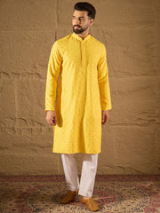 Ethnic Bay Men Yellow Viscose Rayon Solid Embroidered Straight Kurta-MKU1222