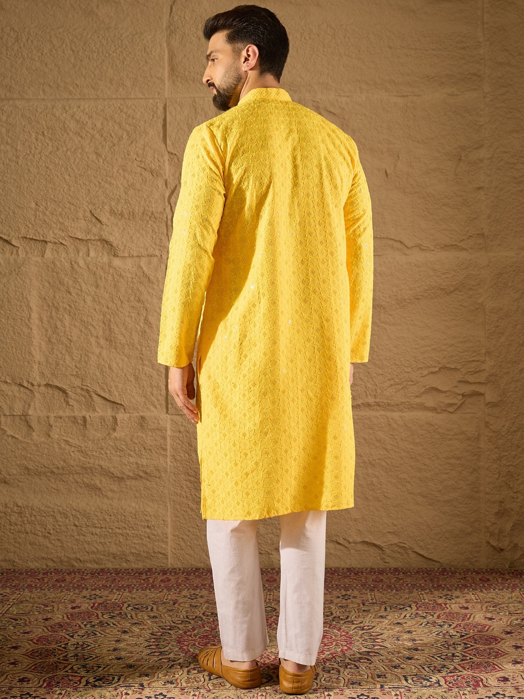 Ethnic Bay Men Yellow Viscose Rayon Solid Embroidered Straight Kurta-MKU1222