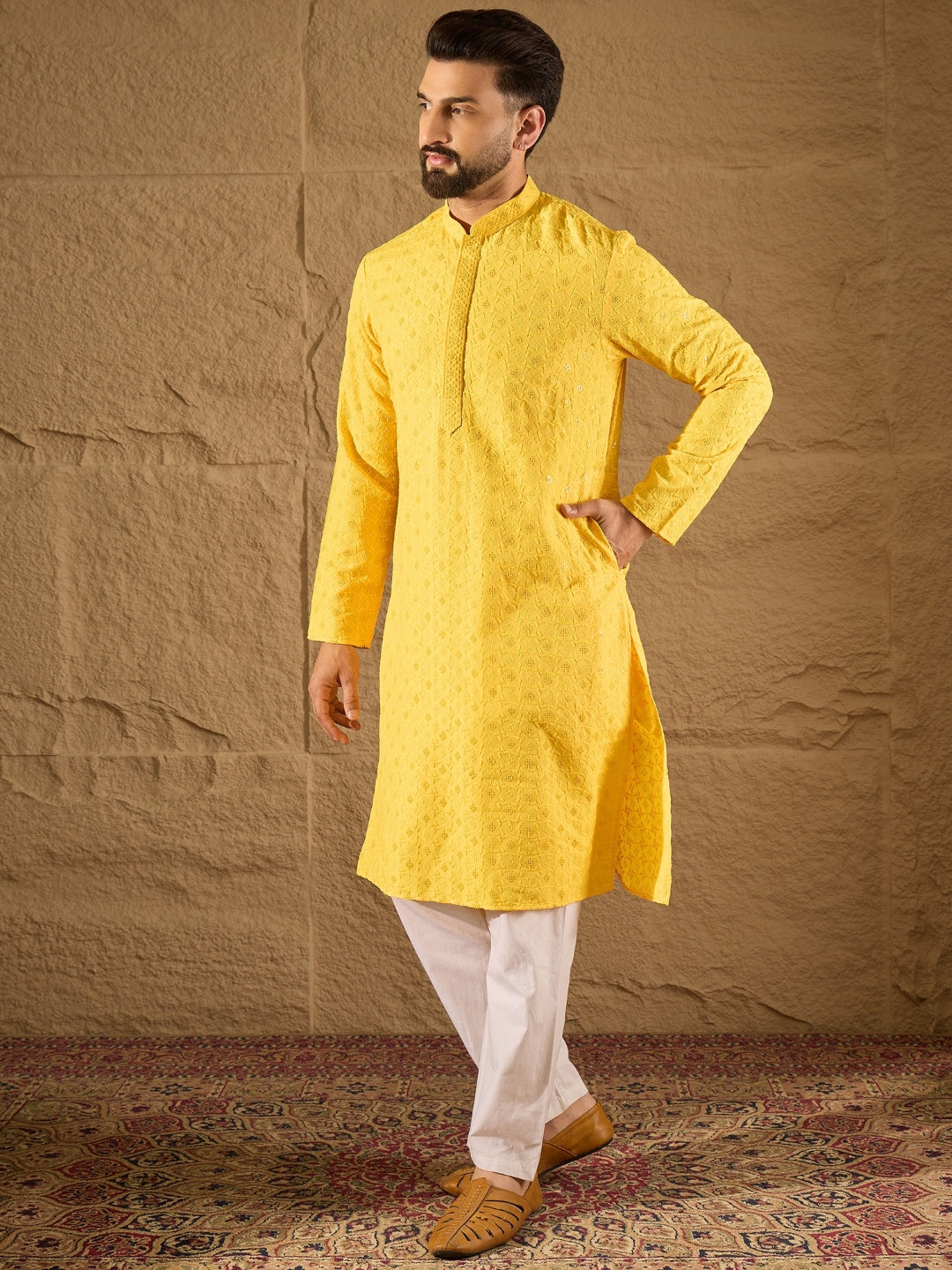 Ethnic Bay Men Yellow Viscose Rayon Solid Embroidered Straight Kurta-MKU1222