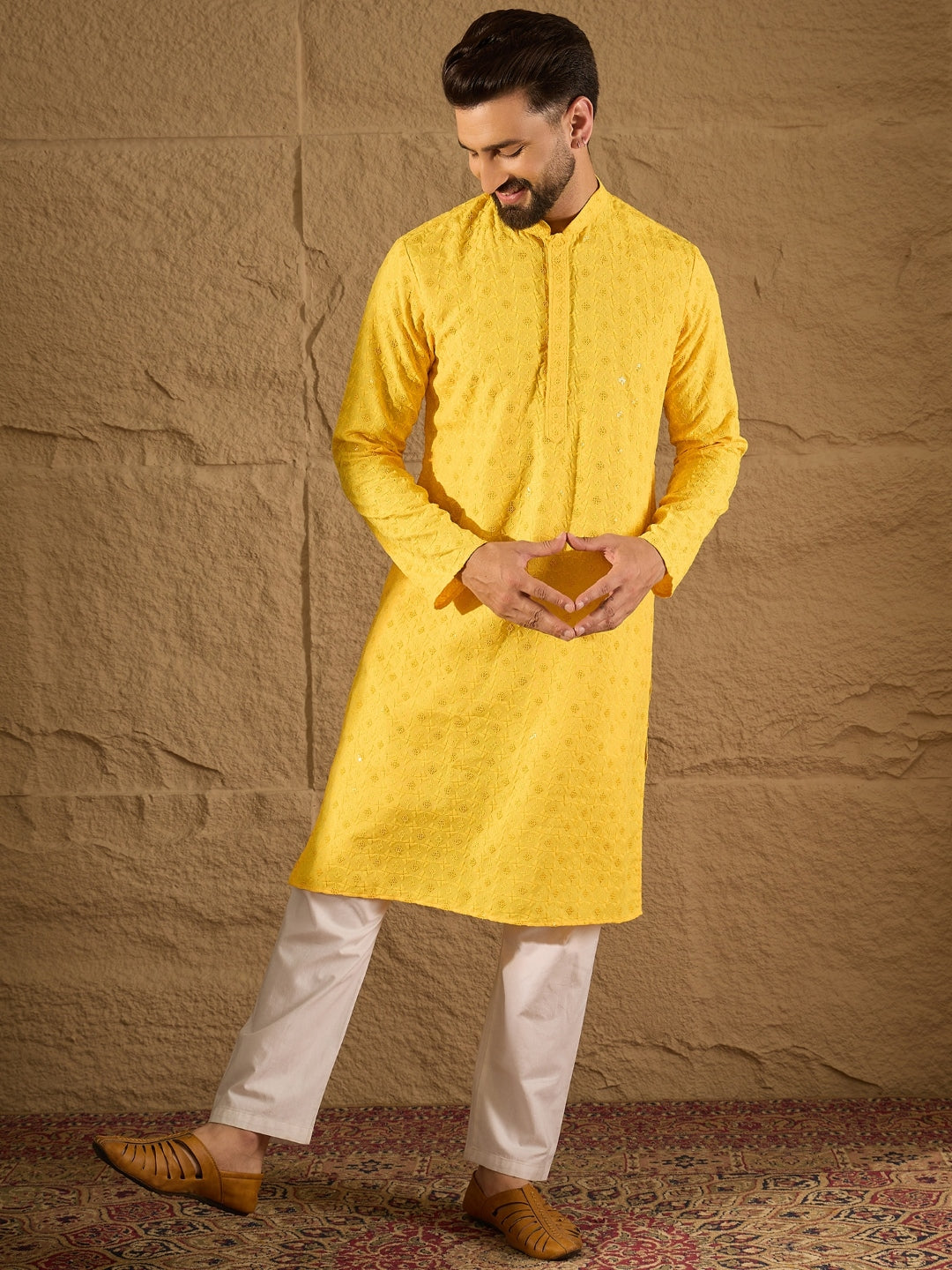 Ethnic Bay Men Yellow Viscose Rayon Solid Embroidered Straight Kurta-MKU1222