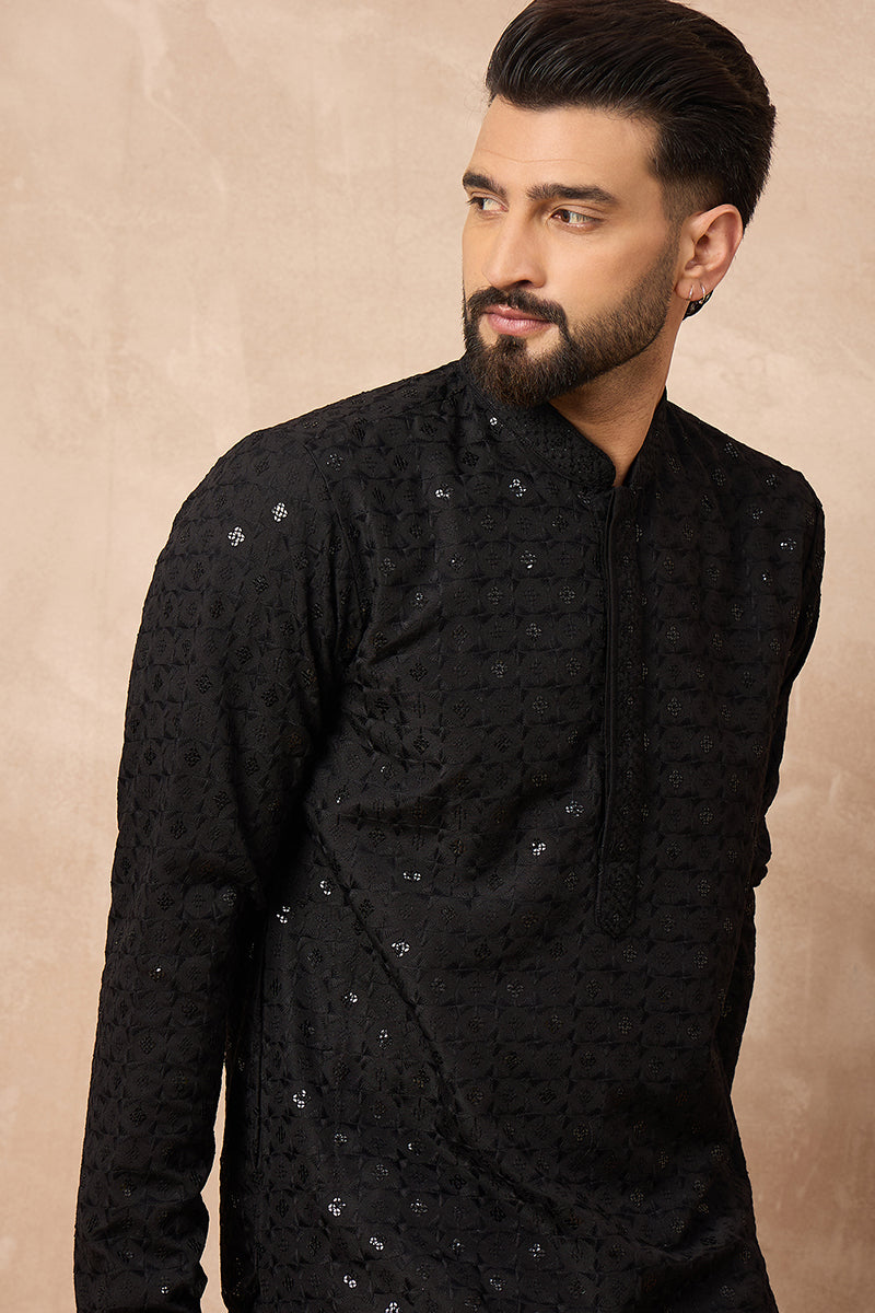 Black Viscose Rayon Solid Embroidered Straight Kurta HOPMKU1224 | Desi