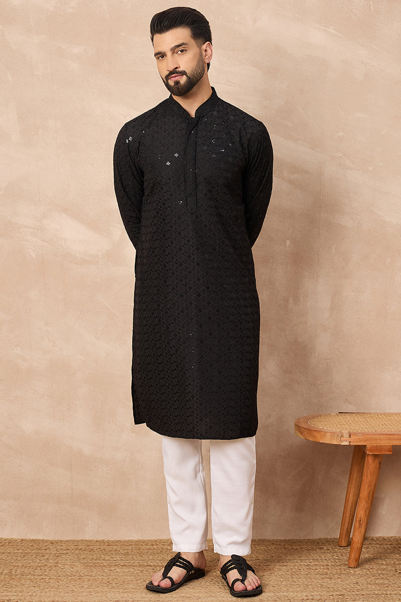 Black Viscose Rayon Solid Embroidered Straight Kurta HOPMKU1224 | Desi
