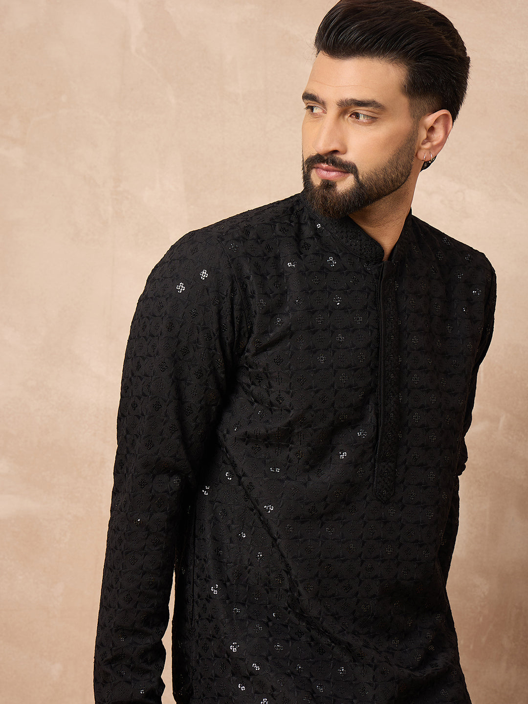 Ethnic Bay Men Black Viscose Rayon Solid Embroidered Straight Kurta-MKU1224