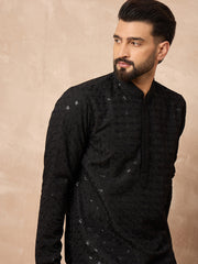 Ethnic Bay Men Black Viscose Rayon Solid Embroidered Straight Kurta-MKU1224