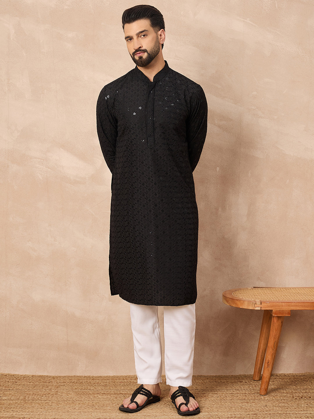 Ethnic Bay Men Black Viscose Rayon Solid Embroidered Straight Kurta-MKU1224